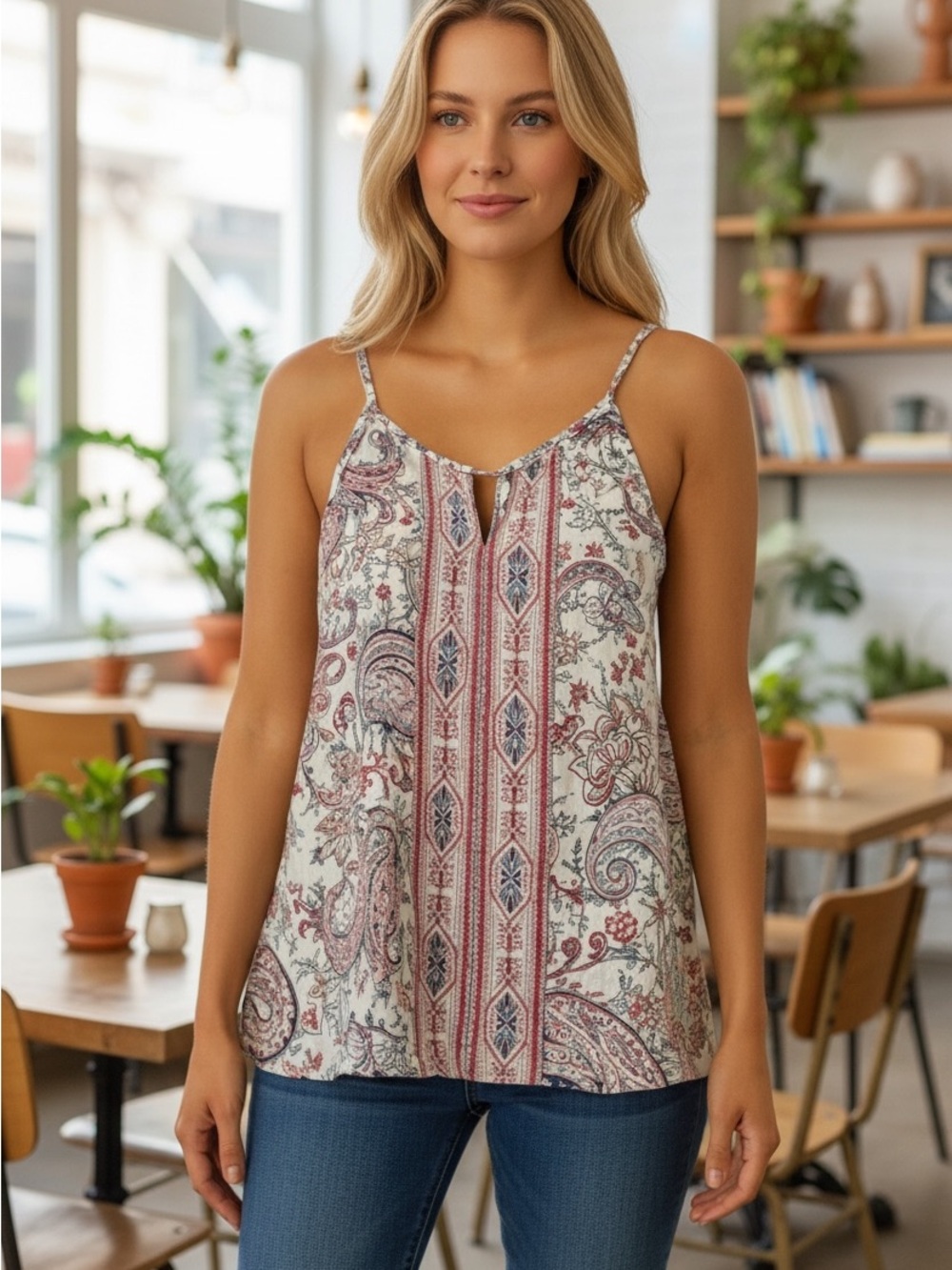 Knox Rose White Paisley & Floral Tank with Adjustable Straps